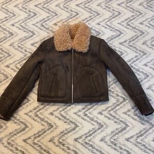 Brown Faux Suede Jacket with Tan Faux Fur Collar